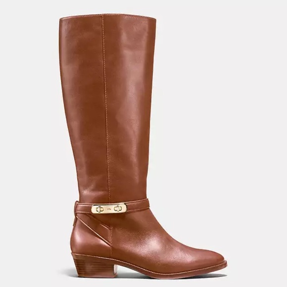 Rare Coach Equestrian Essex Dark Saddle Leather Heeled Boots & Gold Harness  9 - Picture 1 of 12